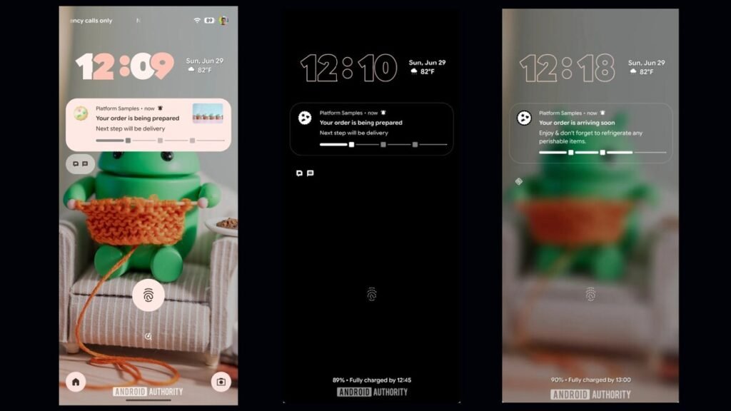 A imagem é uma representação de três telas de bloqueio de um dispositivo Android, apresentando o que parece ser a funcionalidade de "Live Updates" que o Xiaomi HyperOS 3, baseado no Android 16, deve apresentar. A tela da esquerda é totalmente colorida, exibindo a imagem de um boneco verde de tricô. Na parte superior, há um relógio e um widget de clima. Abaixo, há um novo widget de notificação que mostra a mensagem "Your order is being prepared" (Seu pedido está sendo preparado), com uma barra de progresso. A tela do meio é uma versão em preto e branco da tela de bloqueio, com os mesmos elementos, mas com um fundo escuro e texto branco, otimizando o consumo de bateria. A tela da direita mostra uma terceira variação da mesma tela de bloqueio, com a imagem de fundo desfocada e o mesmo widget de notificação, que agora diz "Your order is arriving soon" (Seu pedido está chegando em breve) e fornece um lembrete adicional. As três telas demonstram como o Android 16 pode fornecer uma base para funcionalidades avançadas, como o Live Updates, que permitem aos usuários acompanhar informações dinâmicas diretamente da tela de bloqueio.