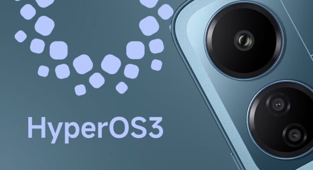 A imagem apresenta um close-up da parte traseira de um smartphone azul. Destacam-se duas lentes de câmera circulares, dispostas verticalmente na lateral direita. À esquerda, sobre um fundo azul mais escuro, o texto "HyperOS3" está escrito em letras brancas e elegantes. Acima do texto, um padrão abstrato formado por diversas formas arredondadas e interconectadas, em um tom de azul mais claro, adiciona um elemento visual interessante e moderno à composição. A imagem sugere a proximidade do lançamento do HyperOS 3, o novo sistema operacional da Xiaomi.