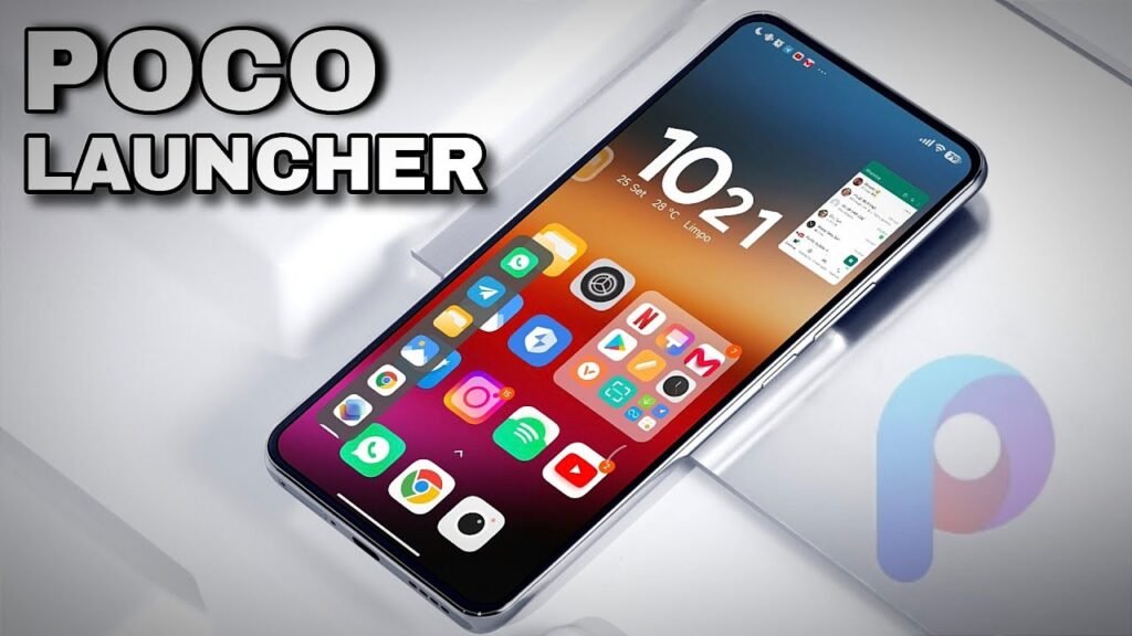 Smartphone com a tela inicial exibindo o Novo Poco Launcher com ícones de aplicativos coloridos, um widget de relógio e o logotipo da POCO.
