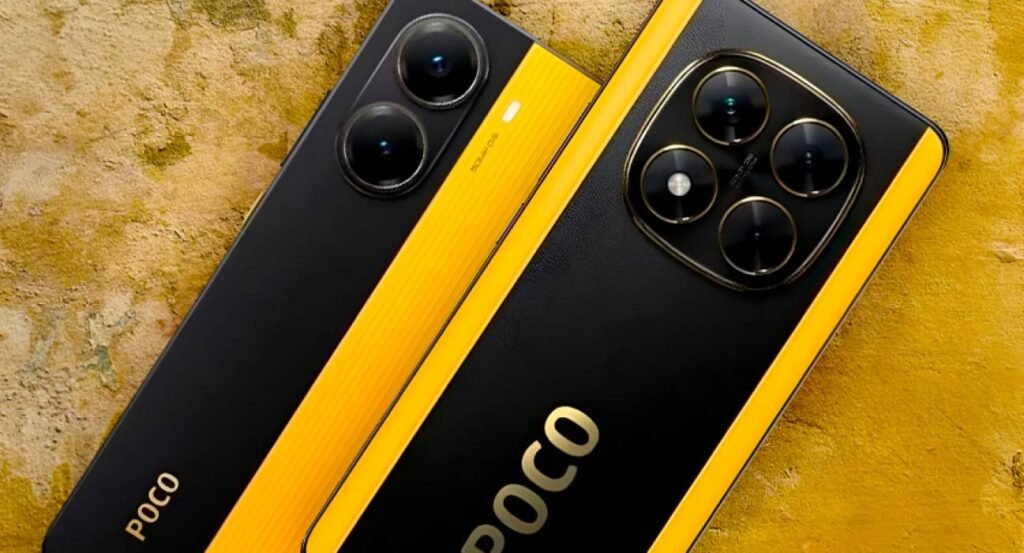 Comparativo entre dois smartphones POCO X7 e POCO X7 Pro na cor preta com detalhes em amarelo, mostrando as diferenças nos módulos de câmera e design.