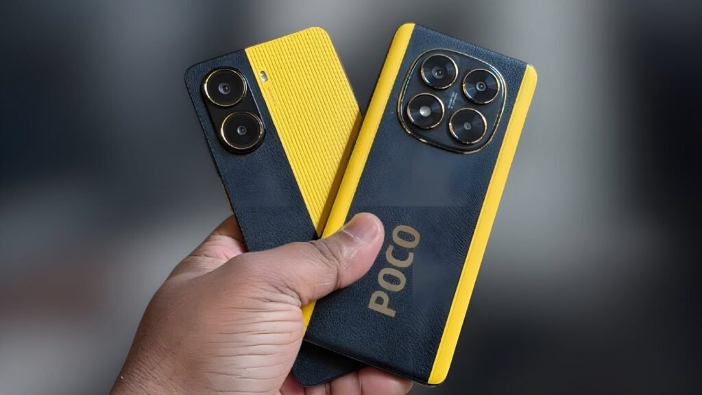 Uma mão segura dois smartphones POCO X7 e POCO X7 Pro lado a lado, ambos na cor preto e amarelo, exibindo as diferenças nos módulos de câmera.