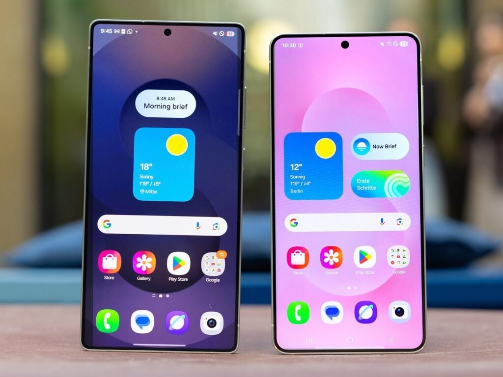 Lista de celulares Samsung elegíveis ao One UI 8 com ícones de Galaxy S25 e Z Fold6 em fundo azul futurista.
