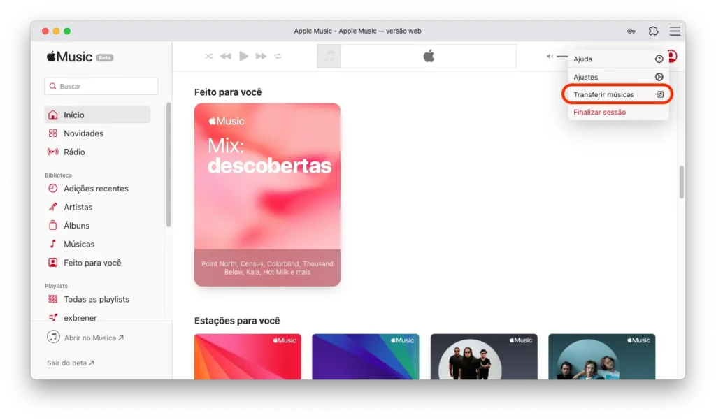 Tela do iPhone mostrando as configurações do Apple Music com a opção Transfer Music from Other Music Services destacada.