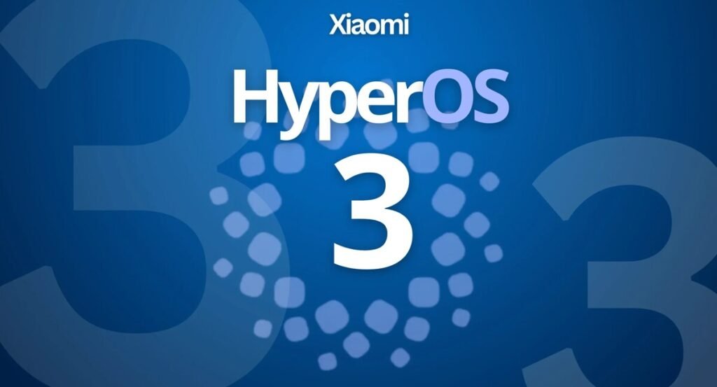 Logotipo "HyperOS 3 Global" da Xiaomi em um fundo azul escuro com grandes números "3" transparentes.