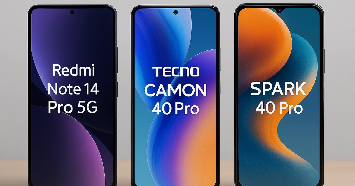 Comparação visual dos melhores smartphones intermediários de 2025: Redmi Note 14 Pro, Tecno Camon 40 Pro, Redmi Spark